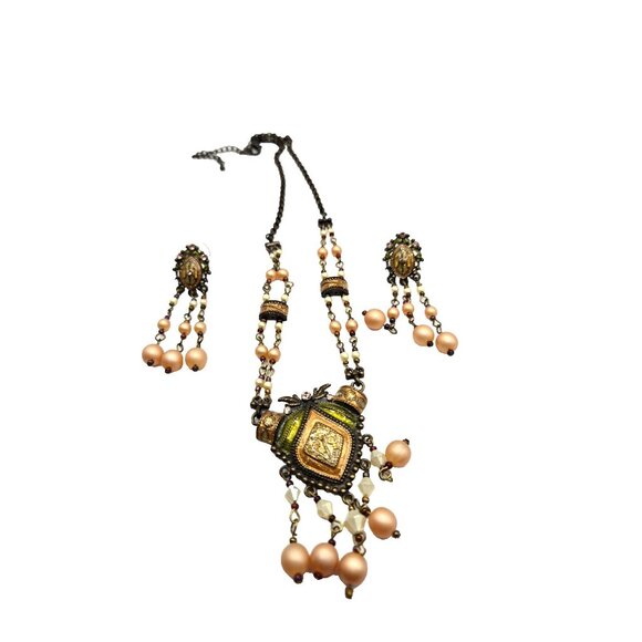 Vintage Enamel Brass Necklace & Earring Set  Rhinestone & Faux Pearl Dangles - Picture 2 of 8